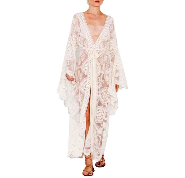 Kimono de talla grande para cubrir la playa, kimono de encaje, cárdigan, abrigo, chica tradicional sexy, kimono blanco, vestido de manga acampanada de playa de ganchillo 1119269