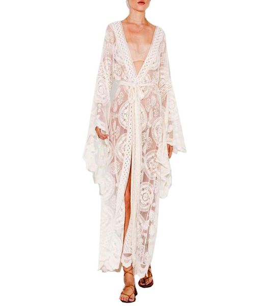 Talla grande Kimono Boho Beach Cubra de encaje Kimono Cardigan Caza Sexy Chica tradicional White Kimono Crochet Beach Bell Manga de manga 3738785