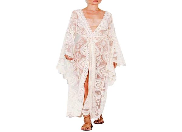 Talla grande Kimono Boho Beach encubrimiento de encaje Kimono Cardigan Catón Sexy Chica tradicional White Kimono Crochet Beach Bell Manga de manga 7433865