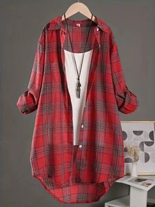 Plus size Koreaanse stijl plaid blouses medium lang casual shirt losse vrouwen allemaal match mouwen shirts zonnebrandcrème 240403