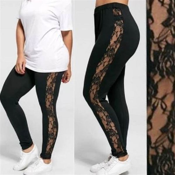 Grande taille L-3XL Sexy femmes décontracté dentelle pantalon noir Insert pure Leggings élasthanne Leggings dames vêtements196k