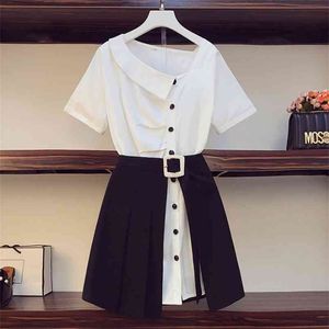 Conjunto de 2 piezas de talla grande L-4XL para mujer de oficina, camisa larga de un solo pecho elegante blanca de verano + minifalda plisada de cintura alta, traje 210519