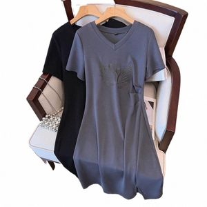 Talla grande L-4XL Cisne Bordado Camiseta Dr Manga corta Cuello en V Calle Y2K Dres Verano Fi Robe Mujer Ropa casual h0JN #