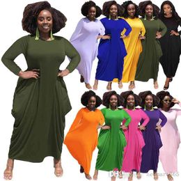 Plus Size L-5XL Vrouwen Maxi Jurken Effen Kleur Ronde hals Lange mouw Onregelmatige zoom Imitatie katoenen zak Grote jurk