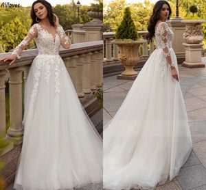 Robes de mariée en dentelle grande taille avec des appliques sexy, col en V, manches longues, robes de mariée élégantes en tulle, ligne A, train de balayage, maternité Boho, robes de mariée YD