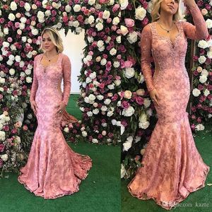 Plus Size Lace Applicaties Mermaid Avondjurken V-hals Lange Mouw Kant Applique Sweetheart Arabische Speciale Gelegenheid Prom Jurken Custom