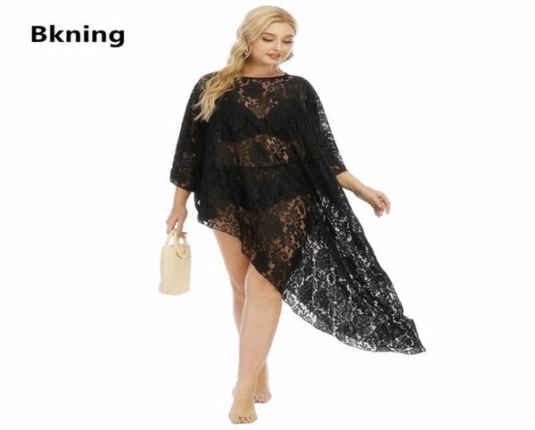 Talla grande Lace Beach Cover Up Mujer 2021 Oneck Sheer Black Half Falda Irregular Women039s Summer Sundresses Large Fat Beachwe4257085