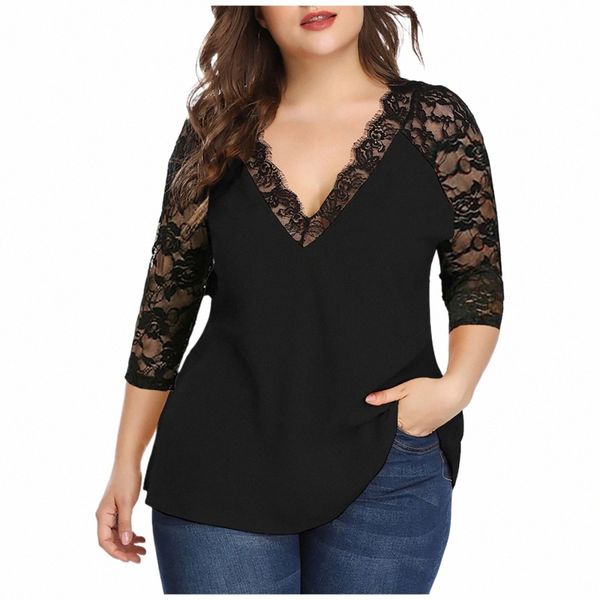 Plus Size Blouse en dentelle Femmes Eté Automne Casual Lg Manches Col V Dentelle Patchwork Chemise Dames Tops Tunique Blouses Blusas 5XL K4vj #