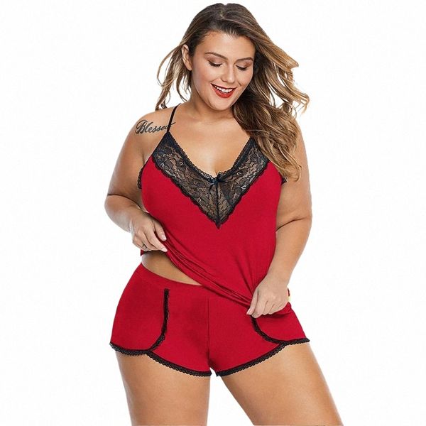 Plus Size Lace Camisole Tops + Pantalons courts 2023 Surdimensionné Femmes Solid Sex Lingerie Set pour Femme Casual Sous-vêtements de nuit Q4rX #