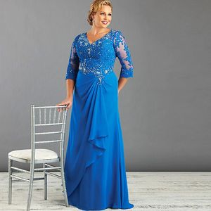 Plus Size Lace Chiffon Mother Of The Bride Dresses V-neck Half Sleeve A-line Long Guest Party Gowns Long Groom Mother 2023 Blue Customed