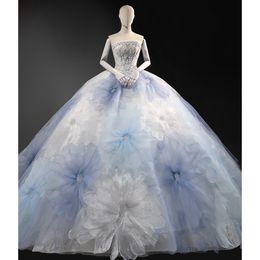 Cristanes de dentelle de taille plus robe de mariée arabe aso ebi luxueux bleu 3d fleurs de balayage épaule