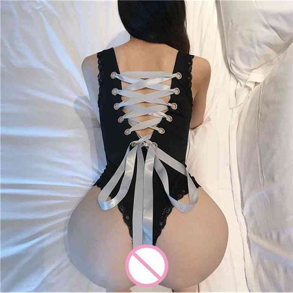 Mono de talla grande de encaje con cuello alto recortado en la espalda para hacer ejercicio Bodycon Body Manche Longue Femme Body ultrafino con cordones para mujer 210622