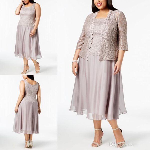 Vestidos de madre de novia de encaje de talla grande con chaqueta 2019 Vestidos de invitados de boda baratos Vestido de madre de longitud de té personalizado