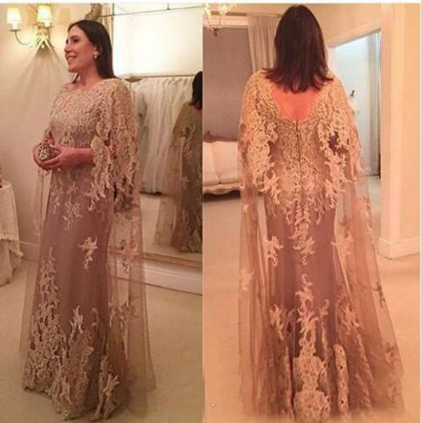 Élégant Arabe Dubaï Sirène Mère De La Mariée Robes Avec De Longues Cape Manches 2021 Dentelle Appliques Maman Occasion Formelle Robes Robe De Soirée