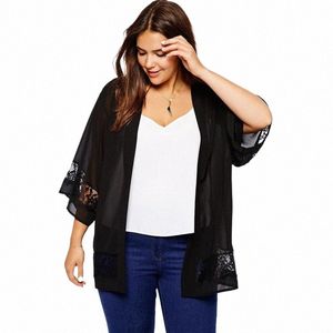 Plus Size Lace Patchwork Élégant Summer Chiff Kimo Femmes 3/4 Manches Lâche Noir Cardigans Grande Taille Casual Beach Kimo 6XL z4PR #