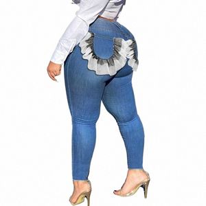 Grote maten Kanten Ruches Patchwork Zakken Laagbouw Potloodjeans 4XL Straat Push-up Distred Rekbare gescheurde skinny denimbroek 990P #