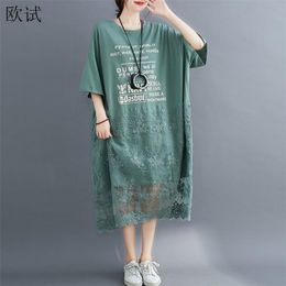 Plus Size Lace T-shirt Zomerjurk Koreaanse katoenen Losse Dames Jurken voor Dames 4XL 5XL 6XL 7XL Oversized Lange Midi-jurk 210630
