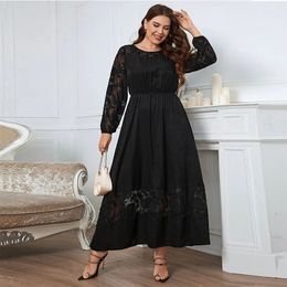 Plus size kanten dames jurk zie door lange mouwen gewaad scroop nek vaste kleur herfst vrouwelijk elegante kledingjurk 240412