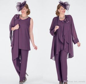 Plus Size Lavendel Moeder Van De Bruid Jurken Met Jas Drie Stukken Chiffon Bruid Broekpakken Handgemaakte Bloem Formele Toga's