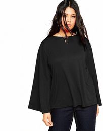 Plus Size Lg Flare Mouw T-shirt Dames Effen Zwart Ronde Hals Lente Herfst Breien Elegant Casual Top Tee Blouse 5XL 6XL 7X g0Hw#