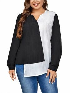 Plus Size Lg Mouw Kleurblok Vrouwen Top Shirts Uitgesneden V-hals Gestreepte Blouses Vrouwelijke Onregelmatige Tee Sprinf herfst Doek 52r6 #