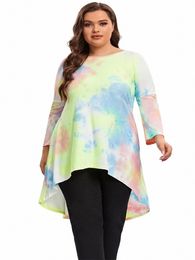 Plus Size Lg manches élégantes Tie Dye Tops Tuniques Lg Lâche Automne Hi Low Swing Blouse T-shirt Plus Size Vêtements Femmes 6XL 7XL z0vq #