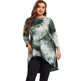 Plus Size Lg Mouw Elegante Tie Dye Tuniek Tops Lg Losse Lente Herfst Hi Low Swing Blouse Plus Size Kleding Dames 6XL 7XL w8FC#