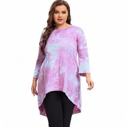 Plus Size Lg Mouw Elegante Tie Dye Tuniek Tops Vrouwen Lg Losse Hi Low Swing Blouse T-shirt Fit flare Grote Maat Casual Tops Z6xT #