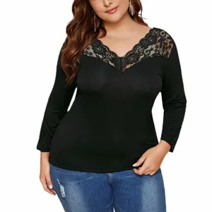 Plus Size Lg Sleeve Summer Chic Tunique Tops Femmes Solide Sexy Dentelle Col V Sheer Travail Bureau Blouse Femme Grande Taille T-shirt 4XL 06nA #