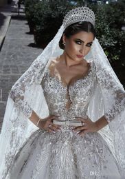 Plus la taille lumière champagne col en V cristal dentelle robe de bal robes de mariée musulman manches longues dos ouvert plus la taille robe de mariée CC