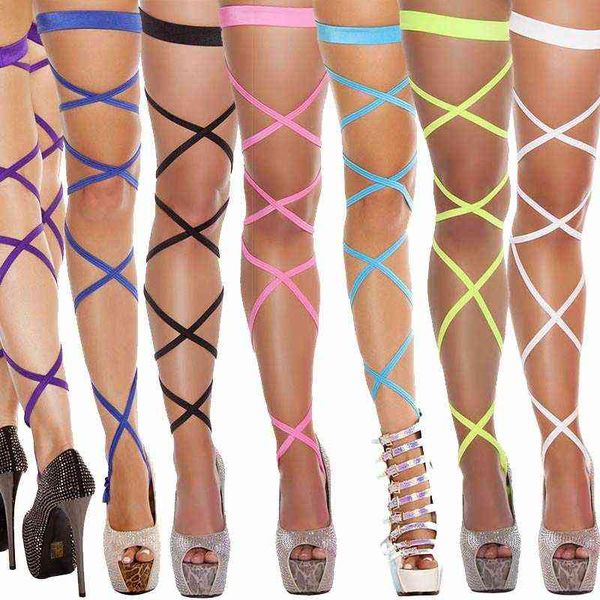 Tallas grandes Lencería Mujeres Sexy Medias de muslo alto Gótico Punk Cross Vendaje Pierna Wrap Ladies Pole Dance Club Party Hosiery Y1119