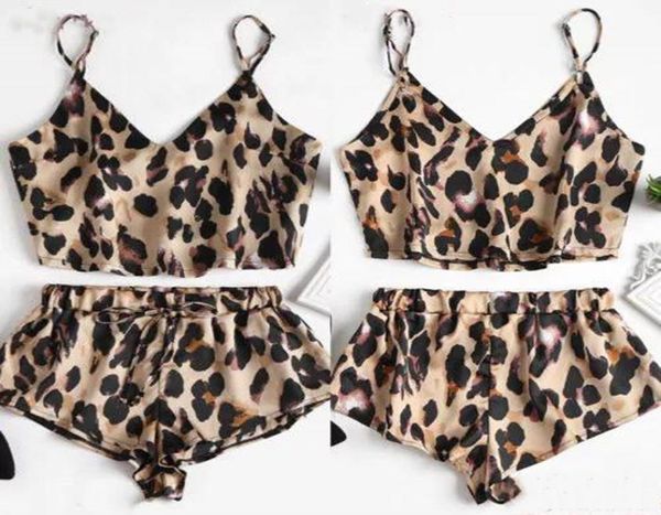 Lingerías de talla grande Mujer Silk Leopard estampado Cami Cami Top Shorts Set 20209695754