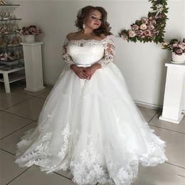 Plus La Taille Manches Longues A-ligne Robes De Mariée En Dentelle Appliques Bandage Retour Custom Made Robes De Mariée Princesse Robe De Mariage Spring288V