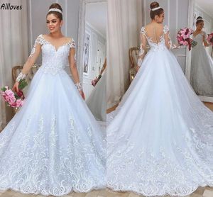 Plus taille manches longues une ligne robes de mariée glamour en dentelle appliquée à coude pur et élégant robe nuptiale arabe aso ebi sweep vestidos de novia cl3046