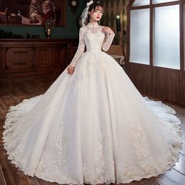 Plus size lange mouwen trouwjurk hoge hals strand Boheemse bruidsjurken een lijn bruidsjurken een lijn robe de mariage luxe kant ruches plooien op maat gemaakte bruidsjurk