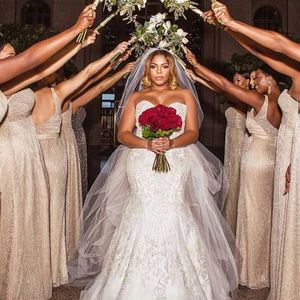 Plus la taille longues robes de mariée sexy Afrique du Sud perles sirène robe de mariée avec tulle surjupe glamour paillettes appliques robes de mariée
