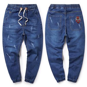 Taille plus taille m-8xl mens jeans stretch bleu foncé pantalon de jean de jean régulier