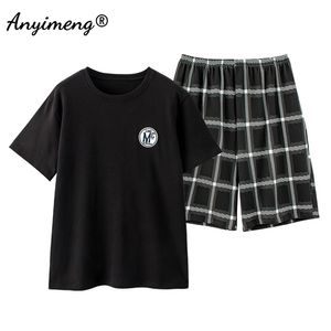 Plus size mannelijke pyjama set zomer shorts trui zwarte badge mode nachtkleding plaid bodems man's twee stukken mannen nachtkleding 210901