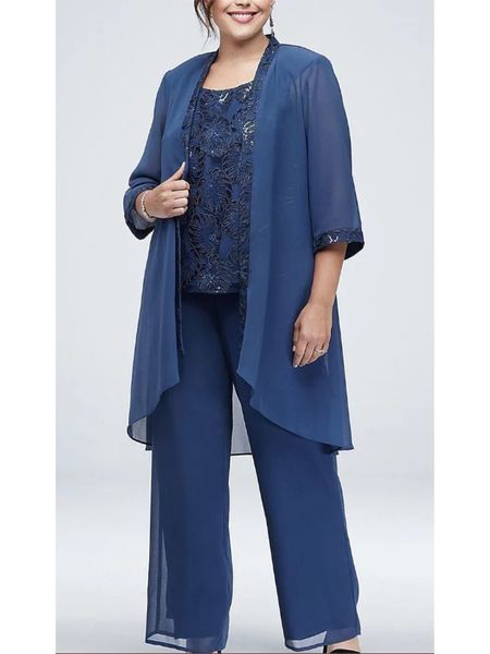 Ensembles assortis grande taille 2023 bleu 3 pièces ensemble de tenue pour mariage mère de la robe de mariée 34 manches en mousseline de soie dentelle femmes pantalon 240220