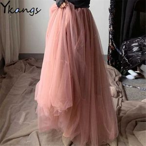 Plus Size Maxi Long Tulle Jupe Femmes Taille Haute Robe De Bal Jupes D'été Taille Élastique Adulte Tutu Jupes Jupe Longue Femme 210619