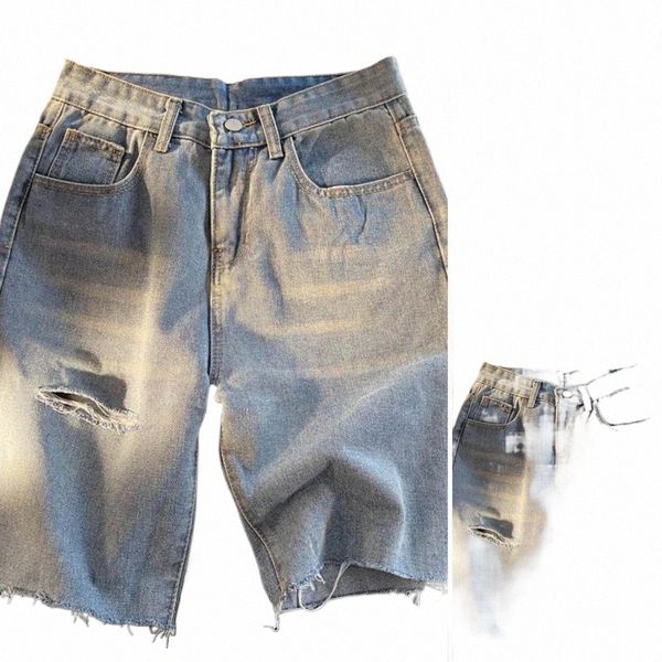 Plus la taille hommes denim shorts poches déchirées extensible bavure trou cassé bas jeans courts pour hommes été B76i #