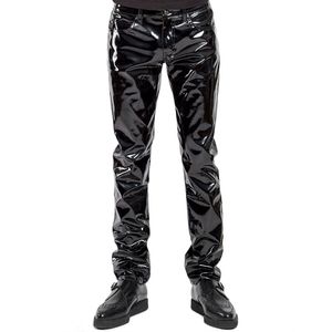 Plus Size Mannen Sexy Zwart WetLook Faux Lederen Lingerie Exotische PU Latex Catsuit Rits PVC Stage Clubwear Gay Fetish Broek C19031601