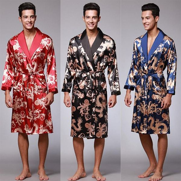 Grande taille hommes Peignoir soie Kimono vêtements de nuit à manches longues Robes robe de chambre imprimé Satin pyjamas hommes nuit Peignoir Homme271A