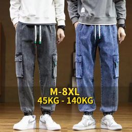 Plus size heren Cargo Jogger Jeans Hip Hop Streetwear Meerdere zakken uitgerekte katoen Casual denim broek Baggy broek 8xl 240415