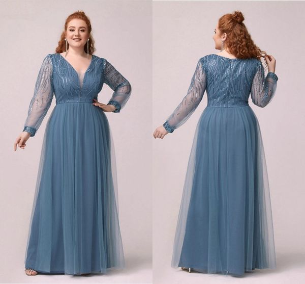 Vestidos de dama de honor de sirena de talla grande Tallas grandes Pliegues con cuello en V profundo Mangas largas Tul con lentejuelas Hasta el suelo Vestidos de dama de honor Vestido formal para invitados de boda por encargo