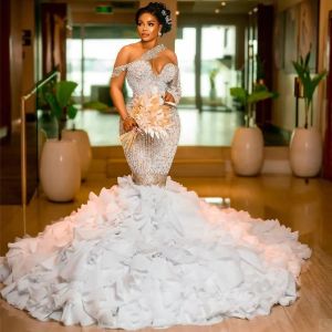 Vestido de sirena de talla grande, cuentas a medida, un hombro, vestidos de novia de cristal, volantes, tren de barrido, ilusión, vestidos de novia Es Es Es es