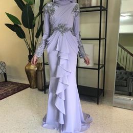 plus size zeemeermin avondjurken hoge hals lange mouwen ruches kralen kant prom formele jurk vestaglia donna lavendel jurk muslim2530