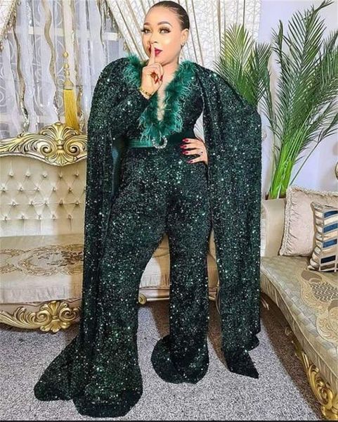 Talla grande Mermaid Pumpsuits Vestidos de fiesta con cazador de envoltura Verde Lentejuelas Sweep Tren Tarde Occidental Vestidos Vestdios De Novia