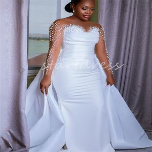 Grote maten zeemeermin parels trouwjurk met afneembare sleep O-hals Illusie lange mouw satijn Afrikaanse Nigeria bruidsjurken voor bruid Landelijk strand Elegant Mariage