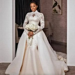 Plus taille mariage sirène aso ebi sheer cou high fuyer robe longs manches robes arabe africain